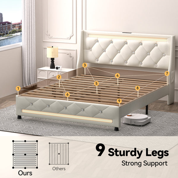 English Elm Queen Smart Bed Frame with Headboard, RGB LED Ambience, Built‑in Charging Ports, Sturdy Slats and Silent Design White T3825P387483