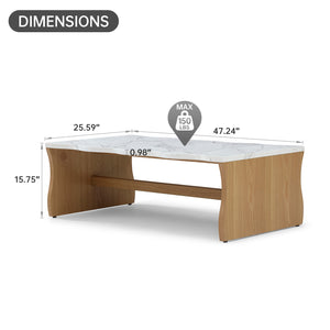 English Elm 47.24" Whisper Of Waves Modern Coffee Table - Sculptural Faux Marble Design With Warm Wood Base W2664P346444