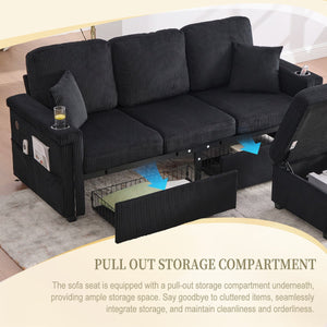 English Elm UNITED Corduroy L-Shaped Sectional Sofa with Storage Ottoman, USB Ports, Cup Holders & LED Lighting Black W1568P332409