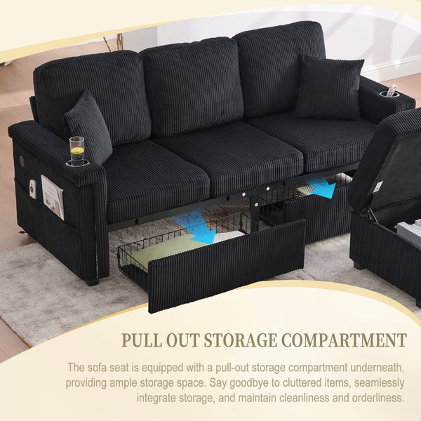 English Elm UNITED Corduroy L-Shaped Sectional Sofa with Storage Ottoman, USB Ports, Cup Holders & LED Lighting Black W1568P332409