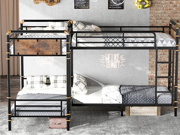 English Elm Quad Quad Bunk Bed for 4 Kids - Heavy Duty Metal Twin Frame, Detachable Triple Layout, Rustic Black Wood Finish, 250lb Capacity Each, Space-Saving Modular Design W2580S00020