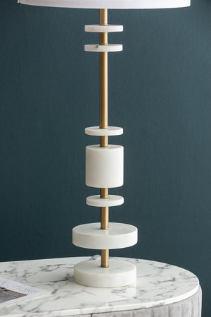 English Elm D13x32.8" White Marble Table Lamp with Brass Base & Fabric Drum Shade — Vintage Modern Accent Light W2078P399244