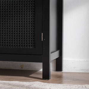 English Elm Modern Storage Sideboard Buffet Cabinet with Black MDF, Rattan Doors, Adjustable Shelves, Sleek Handles W3081P339021