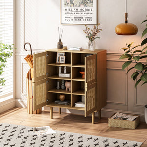 English Elm 4-Doors Rattan Mesh Storage Cabinet with Solid Wood Legs and Adjustable Shelves for Stylish Organization Natural W757P198553