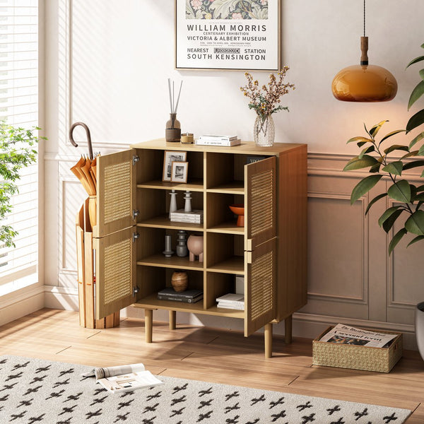 English Elm 4-Doors Rattan Mesh Storage Cabinet with Solid Wood Legs and Adjustable Shelves for Stylish Organization Natural W757P198553