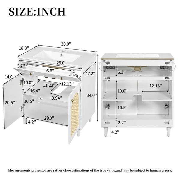 English Elm 30" Rattan Front Bathroom Vanity Solid Pine Cabinet with Ceramic Sink and Adjustable Shelf White N710P293988K