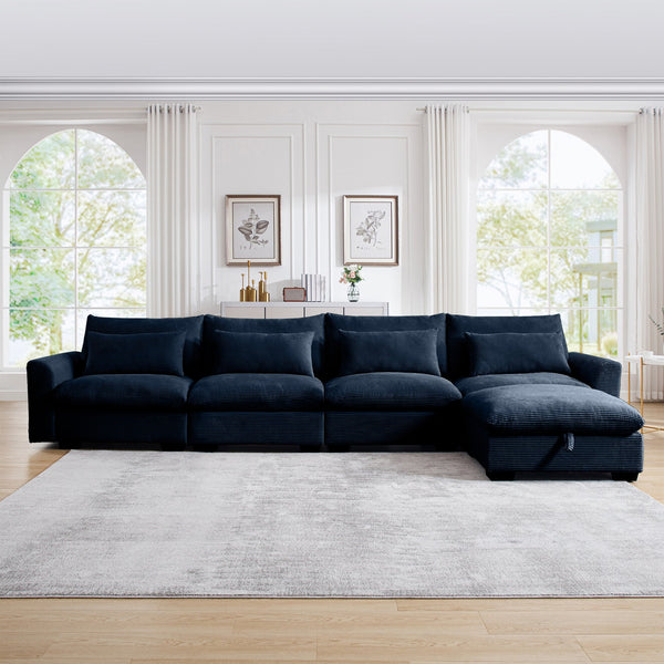 English Elm Large L Shape Sectional Corduroy Sofa with Deep Seats, Storage Ottoman, Ergonomic Support, Modular Comfort for Living Room Blue W714S00653