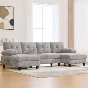 English Elm U-shaped Chenille Sectional Sofa with Dual Chaise Lounges, Tufted Back, Storage Pockets & Pillows Grey N719S002040E