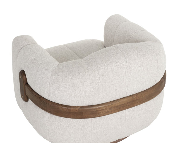 Sunpan TADEO Swivel Armchair - Exquisite Dove Cream Upholstery with Warm Brown Oak Base & Brass Accents 112269