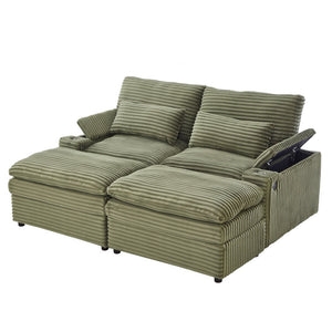 English Elm Loveseat Convertible Sectional Sofa Bed with Storage, Two Ottomans, Dual USB Ports & Cup Holders Green N719S002140F