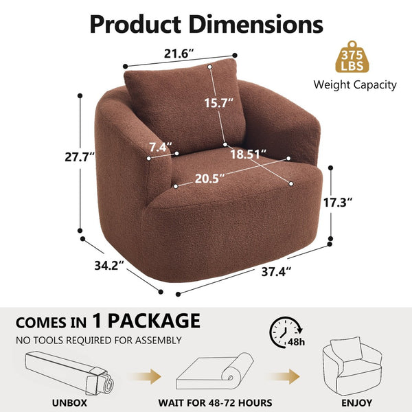 English Elm 360° Swivel Barrel Chair Teddy Fleece Upholstery with Pillow for Bedroom Reading Nook Brown W1803P362981