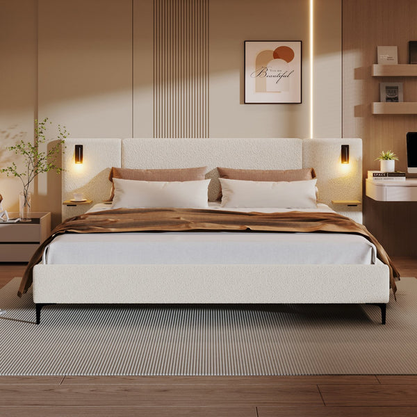 English Elm Christopher Knight Home® - Chic Boucle Upholstered Bed With Integrated Lighting & Shelves, Modern White Design, Queen Size N769P264793Q