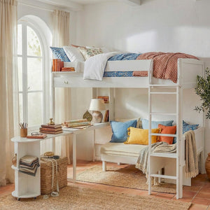 English Elm Full Size Loft Bed with Rotating Desk Led Lighting Sofa and Bookshelf Storage White LT000200AAK