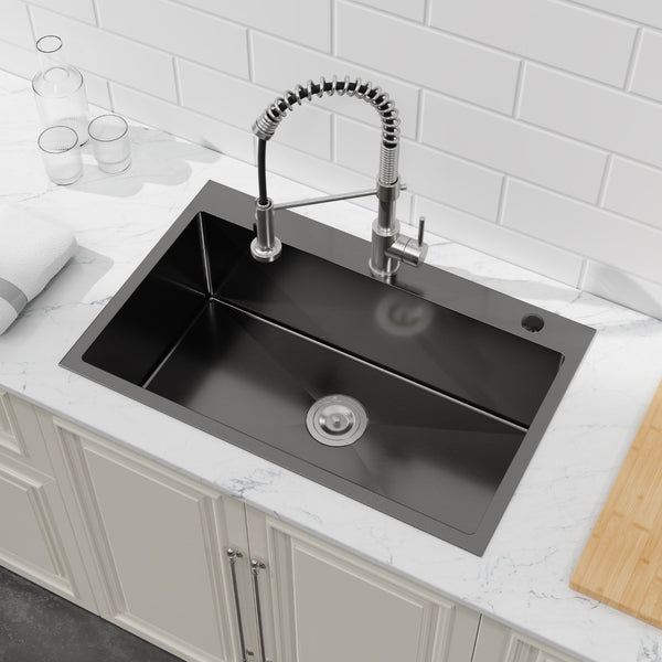 English Elm Stainless Steel Handmade Matte Black Single Bowl Overmount Kitchen Sink Deep Basin T3177P370629