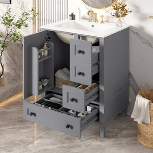 English Elm 24-inch Matte Bathroom Vanity Rubberwood Cabinet with Ceramic Sink and Soft-close Drawers Grey N729P377516E