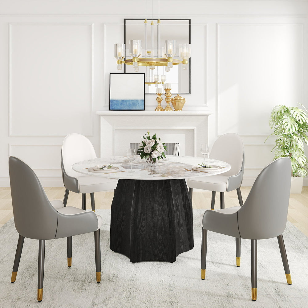 English Elm 53" Round Marble Dining Table - Elegant Sintered Stone Top & Solid Oak Base For 6 People Comfort W1535S00457