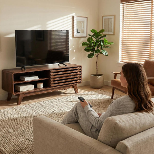English Elm Tv Stand with Louvered Sliding Doors Tapered Legs Walnut Media Console W3204P465917