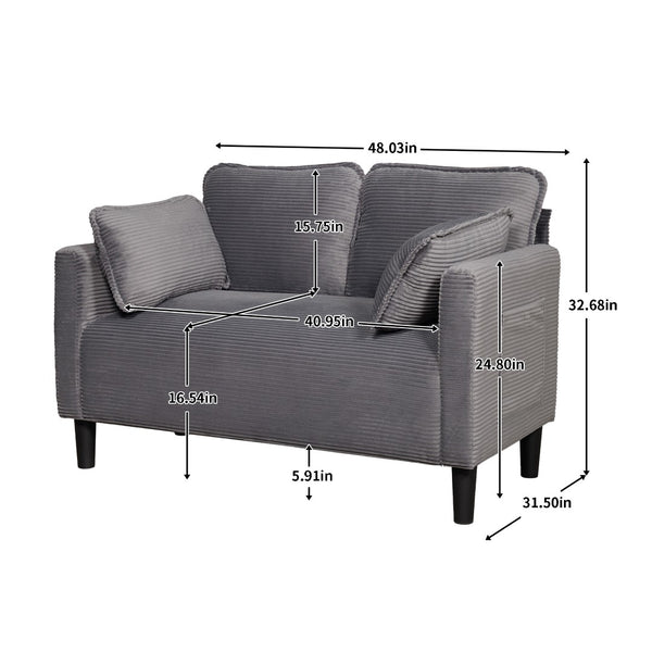 English Elm 48" Corduroy Compact Loveseat with Side Pocket Solid Wood Frame for Small Spaces Grey W2715P409865