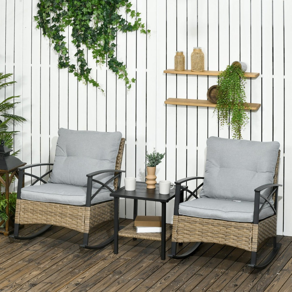 English Elm Outsunny 3-Piece Outdoor Rocking Chair Set With Cushioned Wicker Rockers & 2-Tier Coffee Table, Gray W2225P174019-GIGA