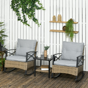 English Elm Outsunny 3-Piece Outdoor Rocking Chair Set With Cushioned Wicker Rockers & 2-Tier Coffee Table, Gray W2225P174019-GIGA