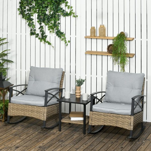 English Elm Outsunny 3-Piece Outdoor Rocking Chair Set With Cushioned Wicker Rockers & 2-Tier Coffee Table, Gray W2225P174019-GIGA