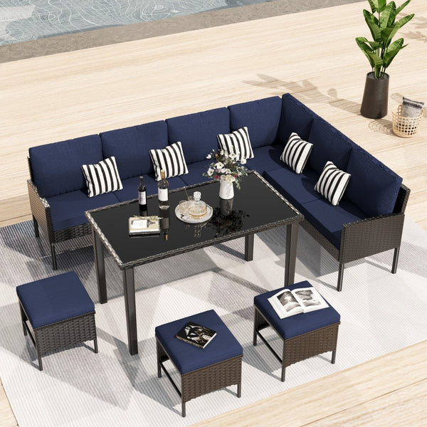 English Elm Small Space Outdoor Wicker Dining Set with Tempered Glass Table and Cushioned Seating W2071P281587