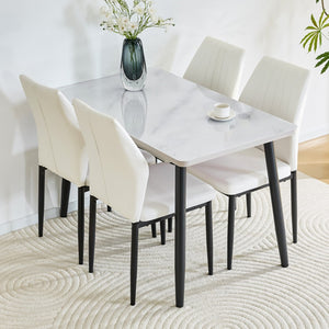 English Elm Table and Chair Set Marble Look Glass Top with Four Pu Shell Back Dining Seats W1151S04631