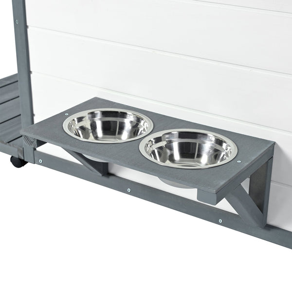 English Elm Outdoor Solid Wood Dog House with Waterproof PVC Roof, Dual Bowls, Lockable 4-Wheel Base, Grey Modern Shelter for Small Pets N843P252402B