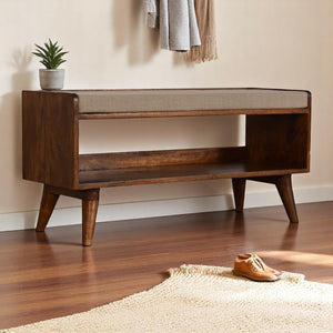 English Elm Mud Linen Nordic Storage Bench - Upholstered Beige With Chestnut Base For Stylish Organization B182P166541