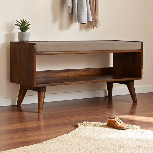 English Elm Mud Linen Nordic Storage Bench - Upholstered Beige With Chestnut Base For Stylish Organization B182P166541