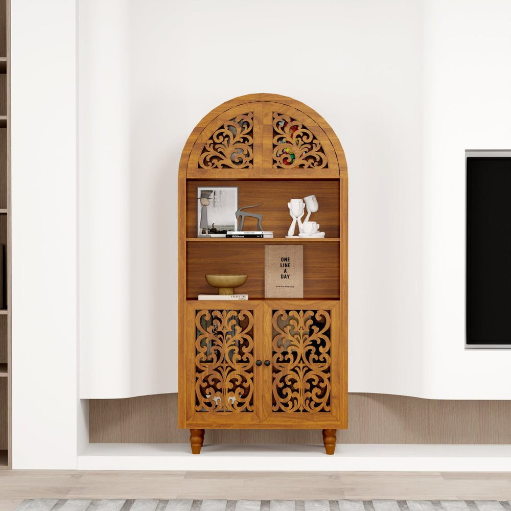 English Elm Vintage Hand-carved Solid Wood Bookcase Tall Arched Open Shelf Cabinet for Living Room W3123P485777