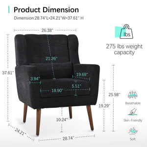 English Elm Modern Accent Chair Chenille Upholstered Ergonomic Lounge Armchair with Wood Legs and Pillow for Reading Comfort and Stylish Living Room Seating Black W1028P382764