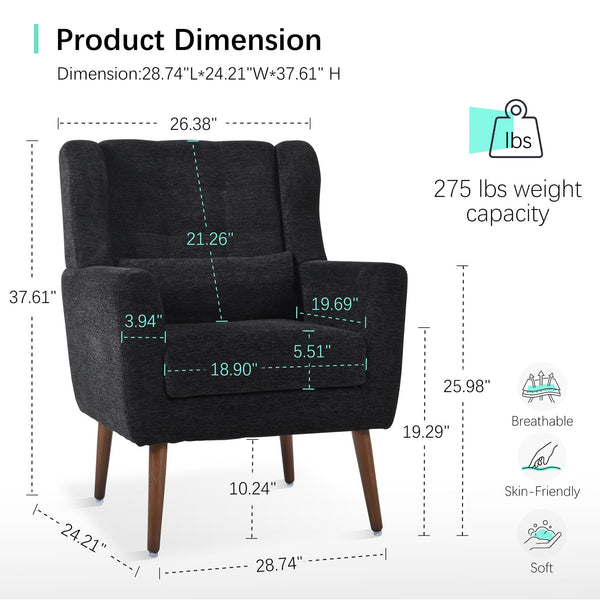 English Elm Modern Accent Chair Chenille Upholstered Ergonomic Lounge Armchair with Wood Legs and Pillow for Reading Comfort and Stylish Living Room Seating Black W1028P382764