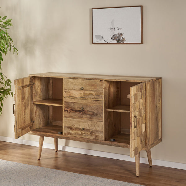 English Elm Christopher Knight Home® - 3 DRAWER SIDEBOARD WITH 2 DOOR Mango Wood Sideboard with 3 Drawers, 3D Tile Weave Doors, Shelves, Natural Finish 66413.00