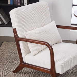 English Elm Mid-Century Beige Accent Chair Upholstered Armchair with Pillow, Solid Wood Frame, Ergonomic Comfort W2989P295373