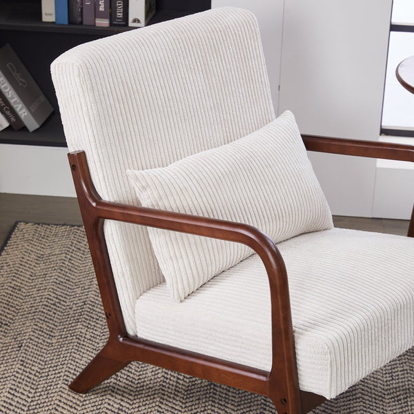English Elm Mid-Century Beige Accent Chair Upholstered Armchair with Pillow, Solid Wood Frame, Ergonomic Comfort W2989P295373
