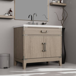 English Elm Grey Oak Single Bath Vanity with White Quartz Top, Chrome Faucet & 34" Mirror — Durable Wood Finish B2731S02012
