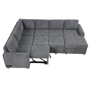 English Elm 107.5" U-shaped Sofa Sectional with Storage Chaise, Pull-Out Bed, USB Charging, Corduroy Comfort Gray N719S001570E