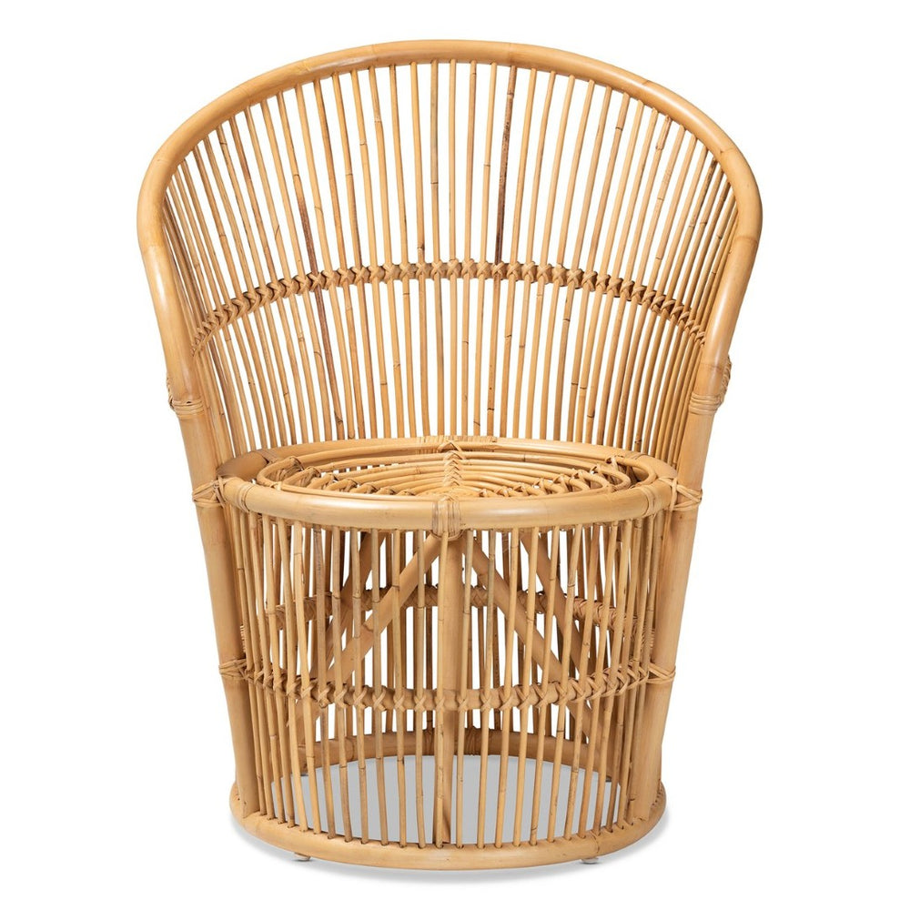 English Elm Modern Bohemian Rattan Accent Chair with Leaf Backrest and Black Metal Legs B2750P470058