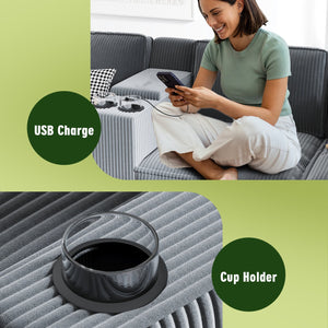 English Elm L-Shaped 6-Seater Corduroy Sofa With Usb Charging, Storage Armrests & Center Console For Modern Living W680S00056