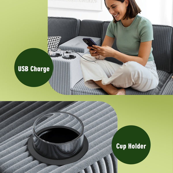 English Elm L-Shaped 6-Seater Corduroy Sofa With Usb Charging, Storage Armrests & Center Console For Modern Living W680S00056