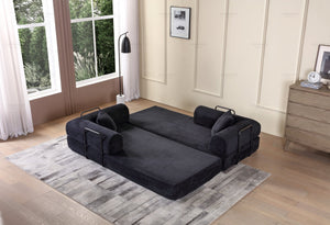 English Elm Convertible Sleeper Sofa Bed Corduroy Folding Mattress Couch with Cylindrical Pillow, Versatile Comfort and Support Black W3199P277913