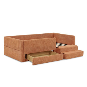 English Elm Twin Boucle Upholstered Kids Bed with Guardrails Built in Storage and Cushioned Step Stool Orange W1413P433367