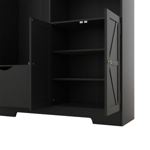 English Elm Multi-functional Entryway Hall Tree with Hooks Bench Drawer Cabinet in Matte Black W1307S00034