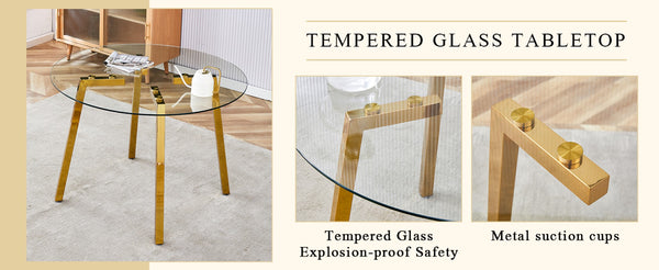 English Elm Table Modern 5-Piece Set: Round Clear Tempered Glass Table With Gold Legs & 4 White Pu Chairs W1151S03833-GIGA