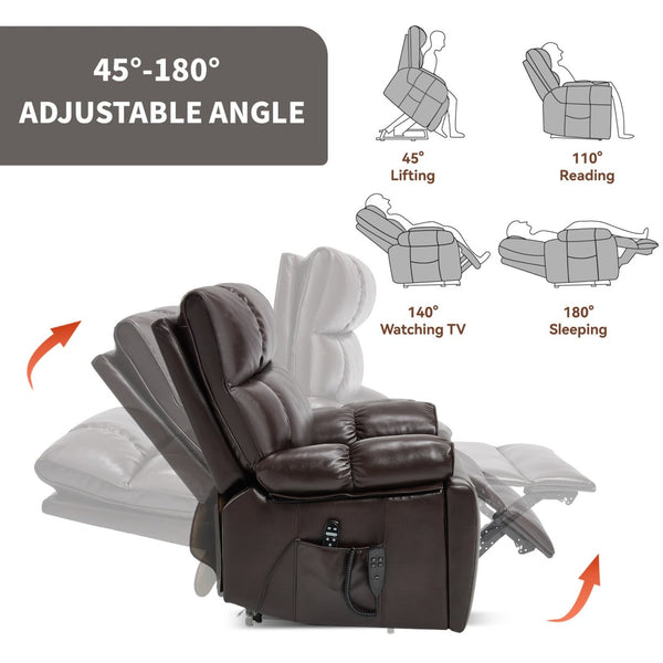 English Elm Brown Leatheraire Power Lift Recliner Dual Motor Massage Heat Heavy Duty 350lb W1803P340308