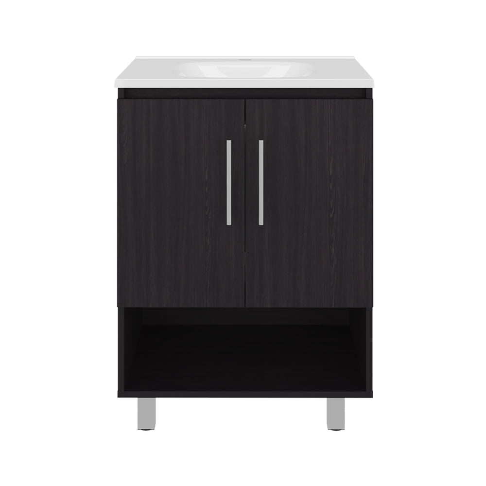 English Elm Conrad Black Resin Sink Vanity with Single Door Cabinet and Open Shelf — Modern Compact Bathroom Elegance B070P368088