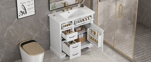 English Elm 36-Inch Modern Bathroom Vanity with Ceramic Basin, 4 Drawers & Soft-Close Door, Pre-Drilled Faucet Ready, Durable MDF and Solid Wood Construction (36"L x 18.3"W x 33.4"H) White N725P296118K