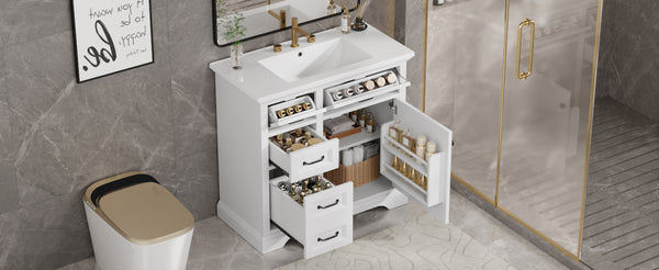 English Elm 36-Inch Modern Bathroom Vanity with Ceramic Basin, 4 Drawers & Soft-Close Door, Pre-Drilled Faucet Ready, Durable MDF and Solid Wood Construction (36"L x 18.3"W x 33.4"H) White N725P296118K