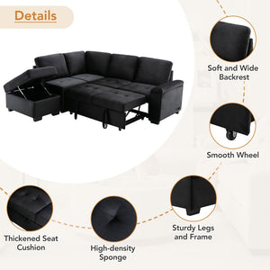 English Elm Sleeper Velvet Sectional Sofa with Ottoman Storage, USB Charging & Hidden Arm Compartments, Luxe Comfort Black SG000250AAB